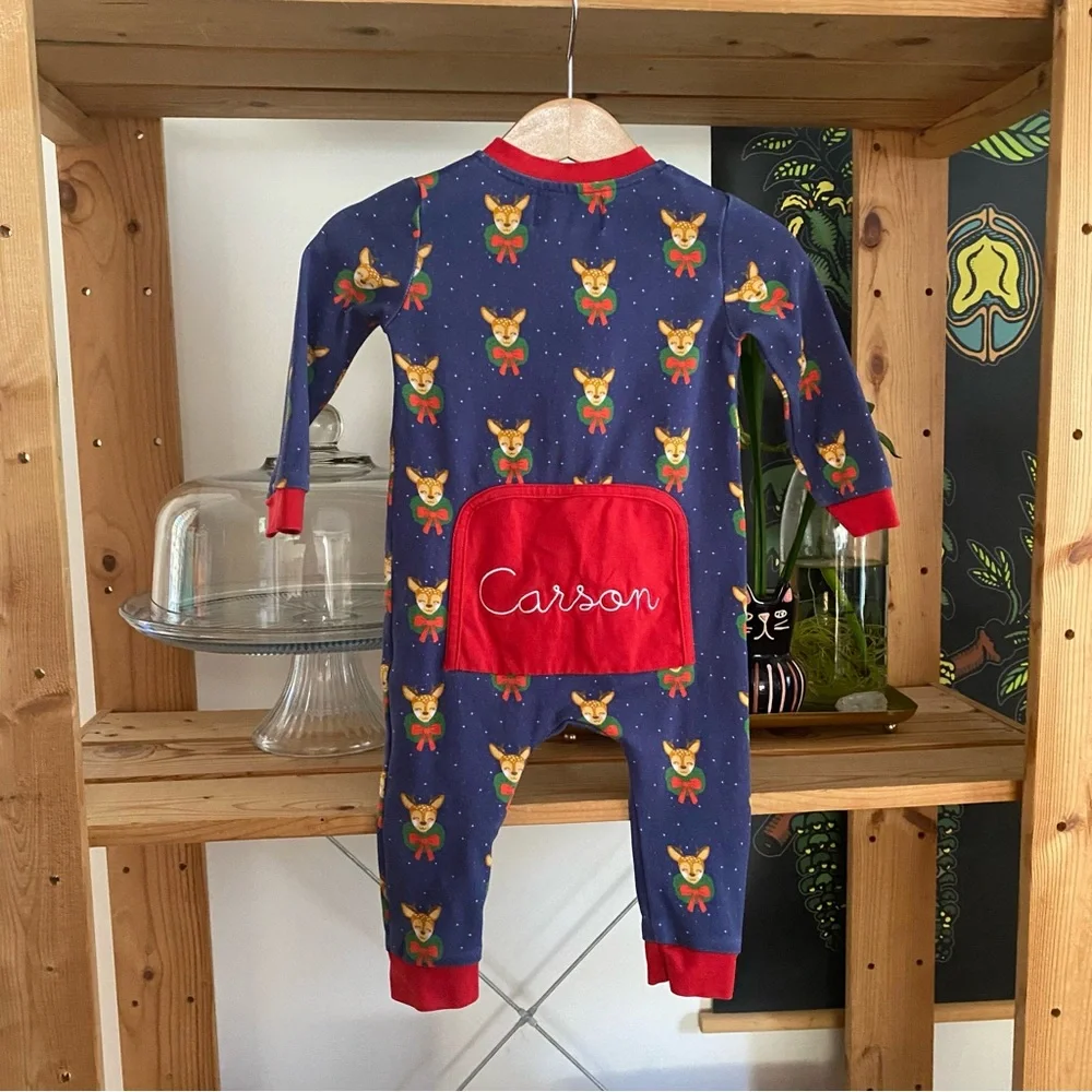 Smockingbird Blue Dasher The Reindeer Monogramed Christmas Zip Up Pajamas 6-9 m
